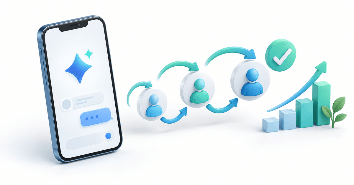 Isometric AI mobile app connected to returning users, feedback, and a growing product-value chart
