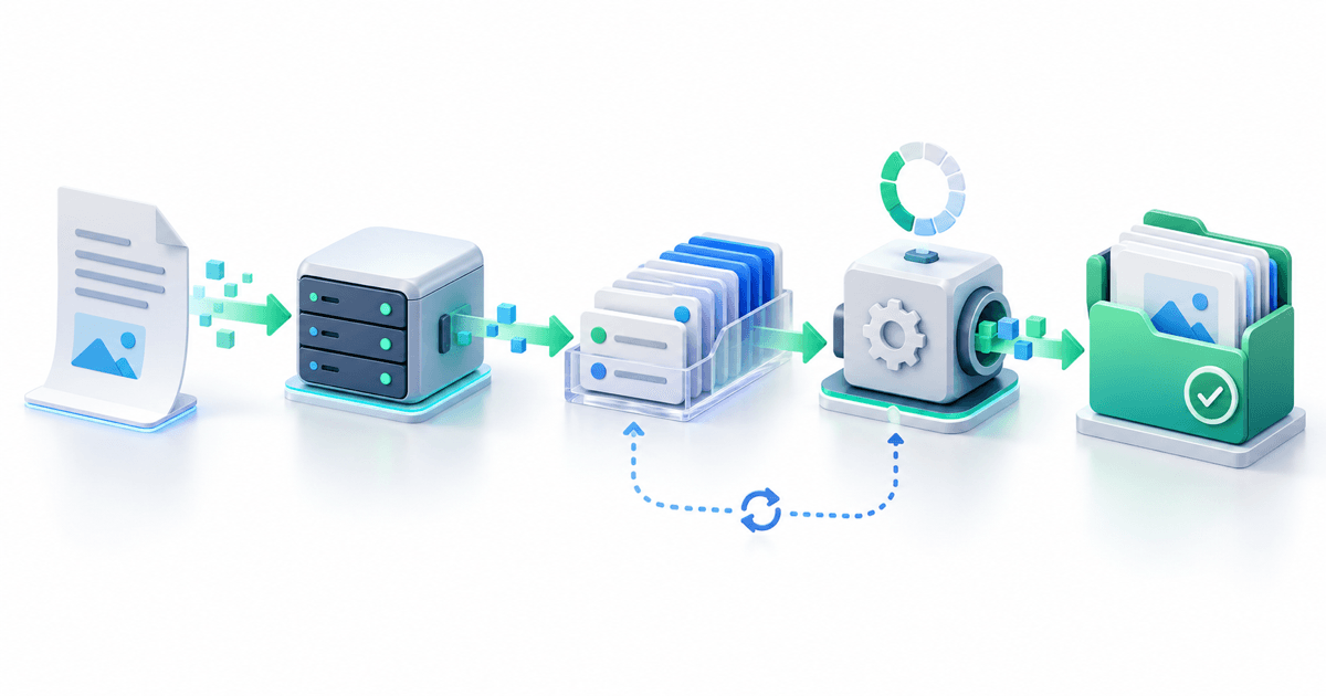Isometric document moving through a server, durable task queue, processing worker, and completed knowledge folder
