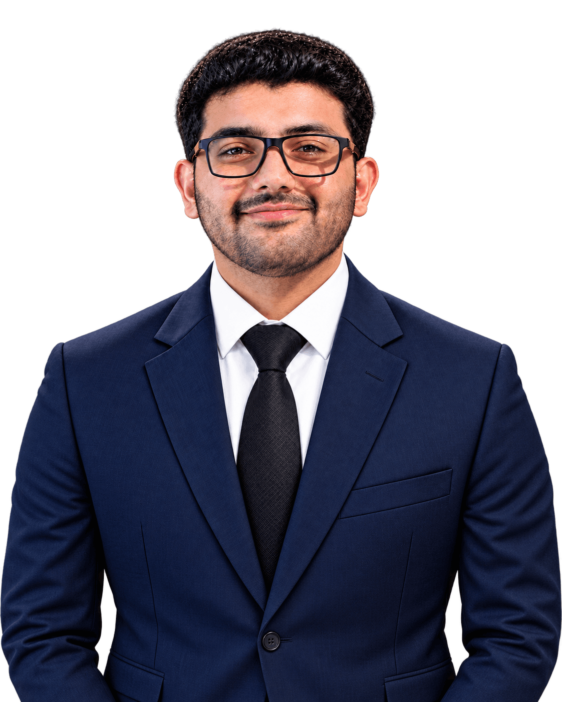 Portrait of Moeen Ahmad in a navy suit and glasses